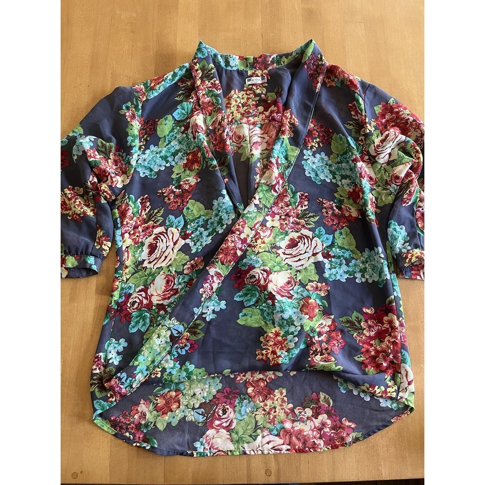KUT FROM THE KLOTH Floral Blouse Size XL Sheer Open Front Faux Wrap USA Low Cut